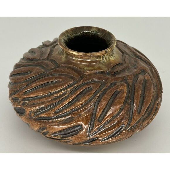 Vintage Stoneware Art Pottery Bowl Tan Brown Swirl Abstract Glazed Signed - Picture 1 of 9